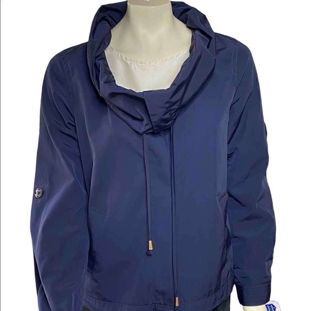 St. John Women's Cowl Neck Roll-Up Sleeve Lightweight Rain Jacket Blue Small